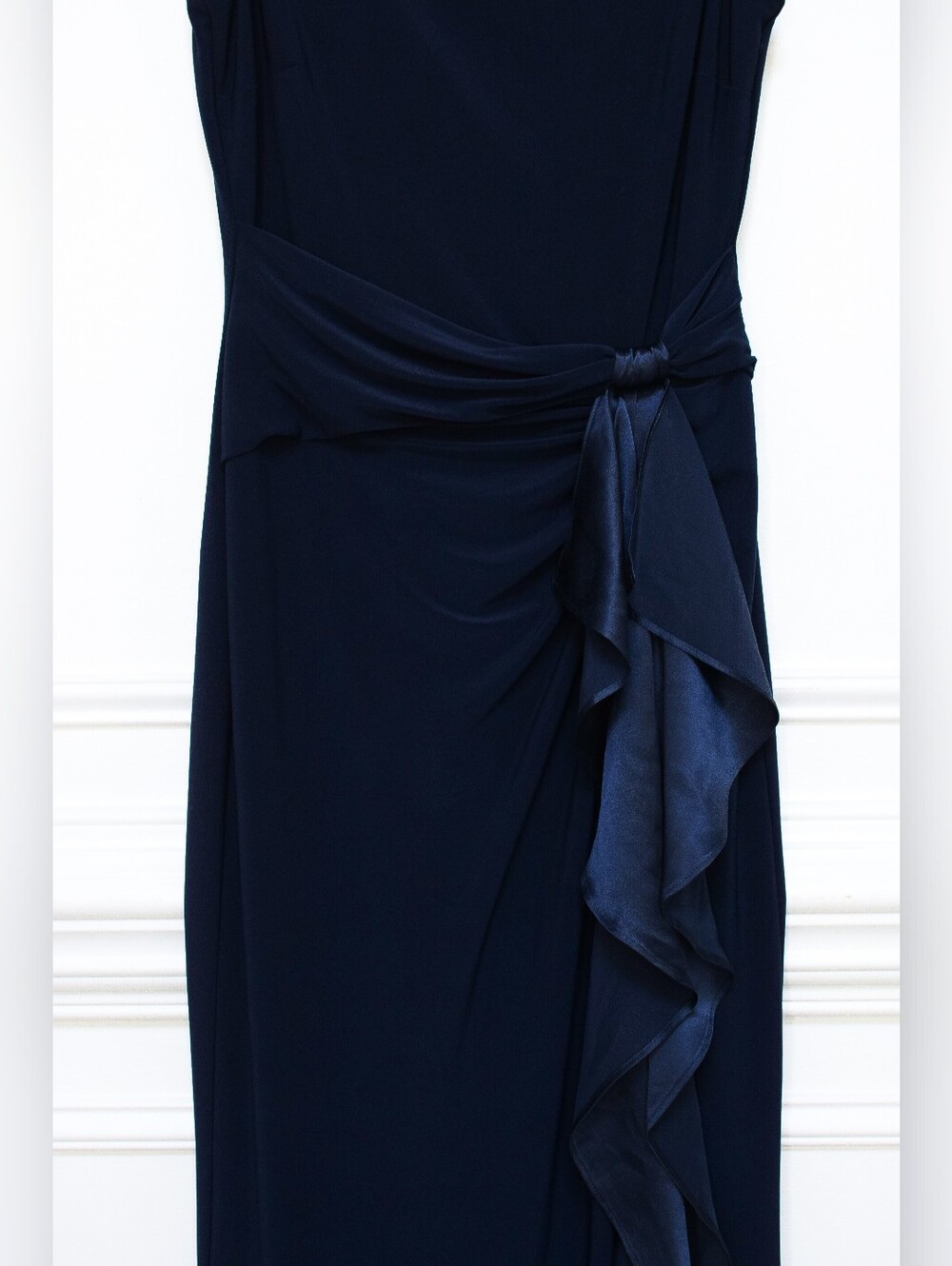 Lauren Ralph Lauren Navy Blue Ruched Evening Gown Ruffle Trim Side Slit Size 6 - Picture 6 of 14